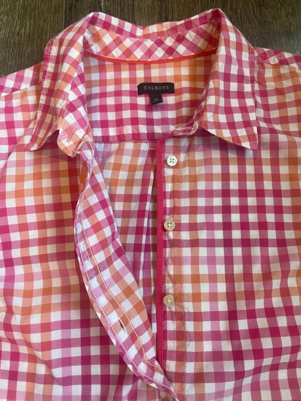 Talbots Pink Orange and White Gingham Button-Down Shirt Size Medium - Picture 7 of 8